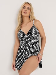 Yours Curve Black Diamond Mono Wrapover Swimdress - Image 1 of 7