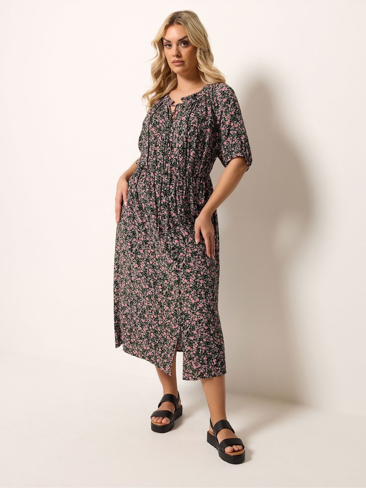 Yours Curve Black Ditsy Floral Pintuck Maxi Dress - Image 2 of 5 Yours Curve Black Ditsy Floral Pintuck Maxi Dress - Image 2 of 5