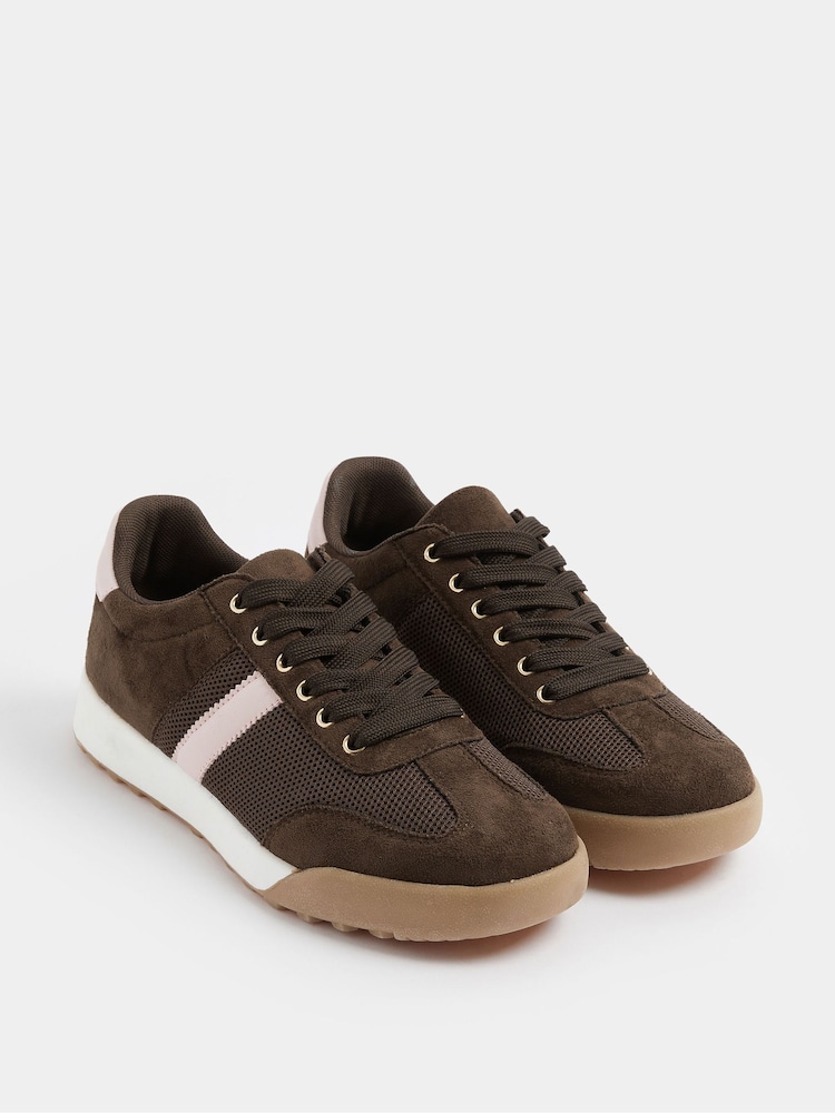Yours Curve Brown Extra-Wide Fit Side Stripe Gum Sole Trainers - Image 2 of 5