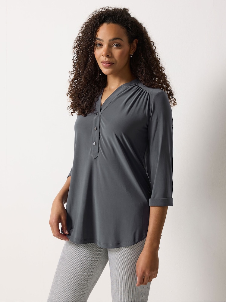M&Co Grey Half Placket Collarless Shirt - Image 1 of 5