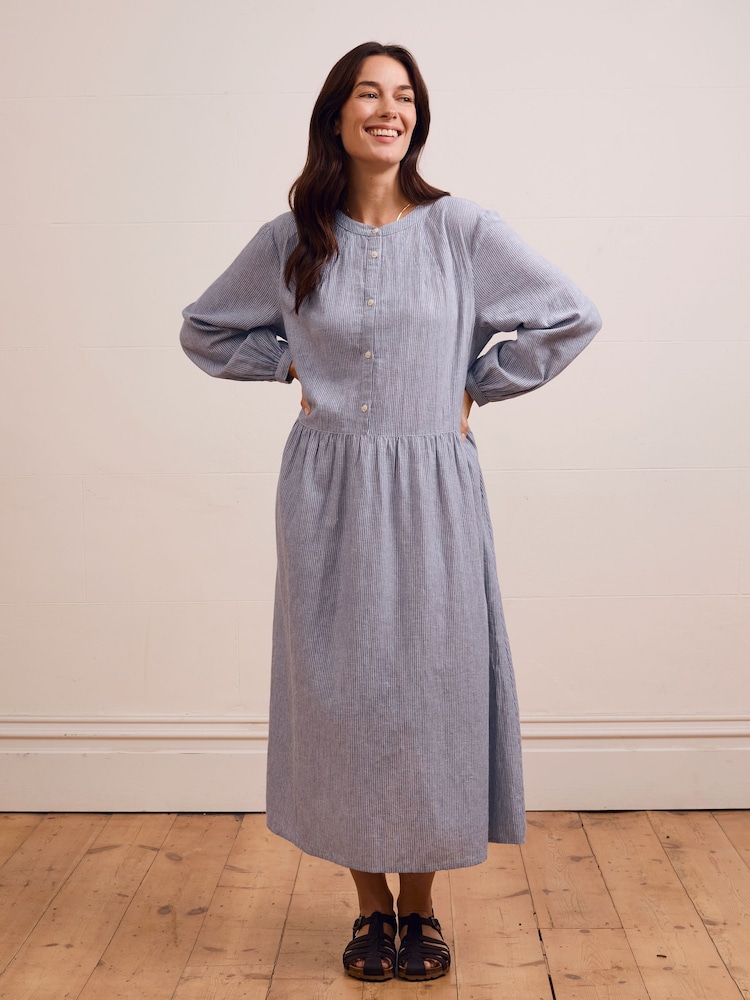 Celtic & Co. Blue Cotton Collarless Half Placket Midi Dress - Image 1 of 8