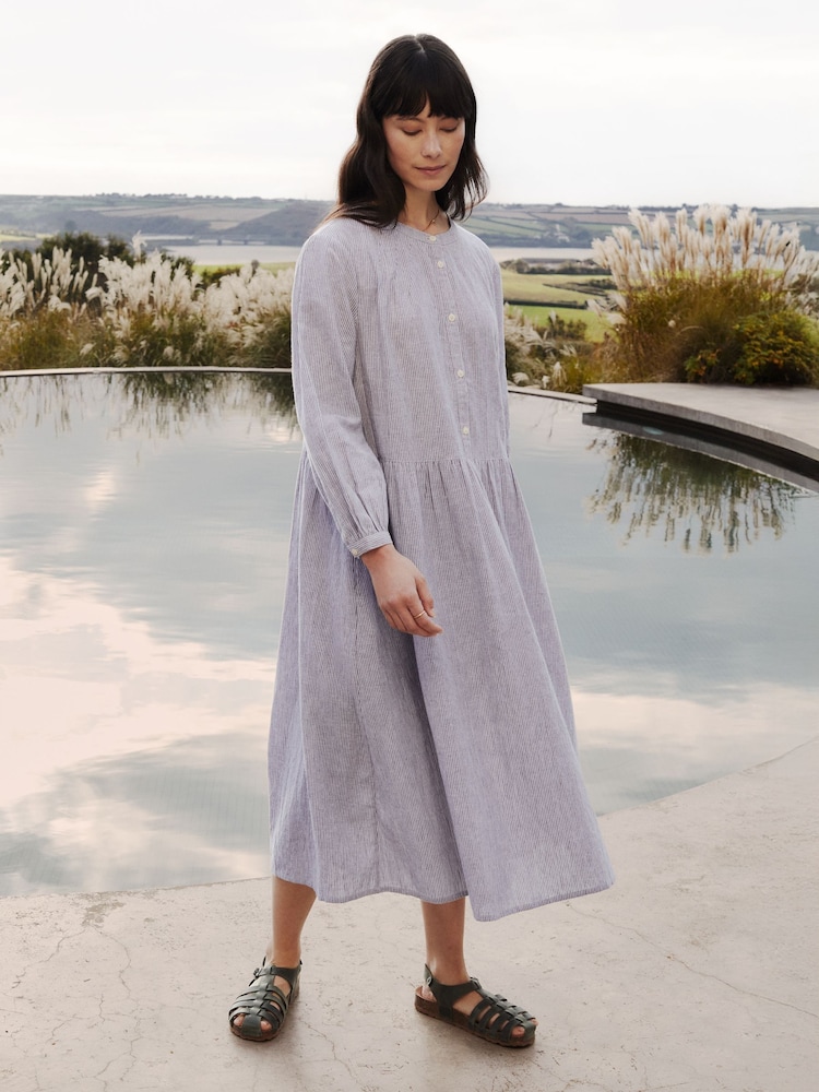 Celtic & Co. Blue Cotton Collarless Half Placket Midi Dress - Image 2 of 8