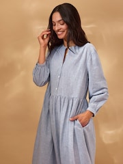 Celtic & Co. Blue Cotton Collarless Half Placket Midi Dress - Image 3 of 8