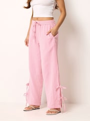 PixieGirl Pink Cheesecloth Tie Side Wide Leg Trousers - Image 2 of 5