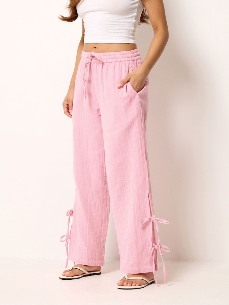 PixieGirl Pink Cheesecloth Tie Side Wide Leg Trousers - Image 2 of 5