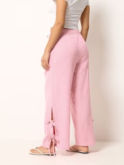 PixieGirl Pink Cheesecloth Tie Side Wide Leg Trousers - Image 3 of 5