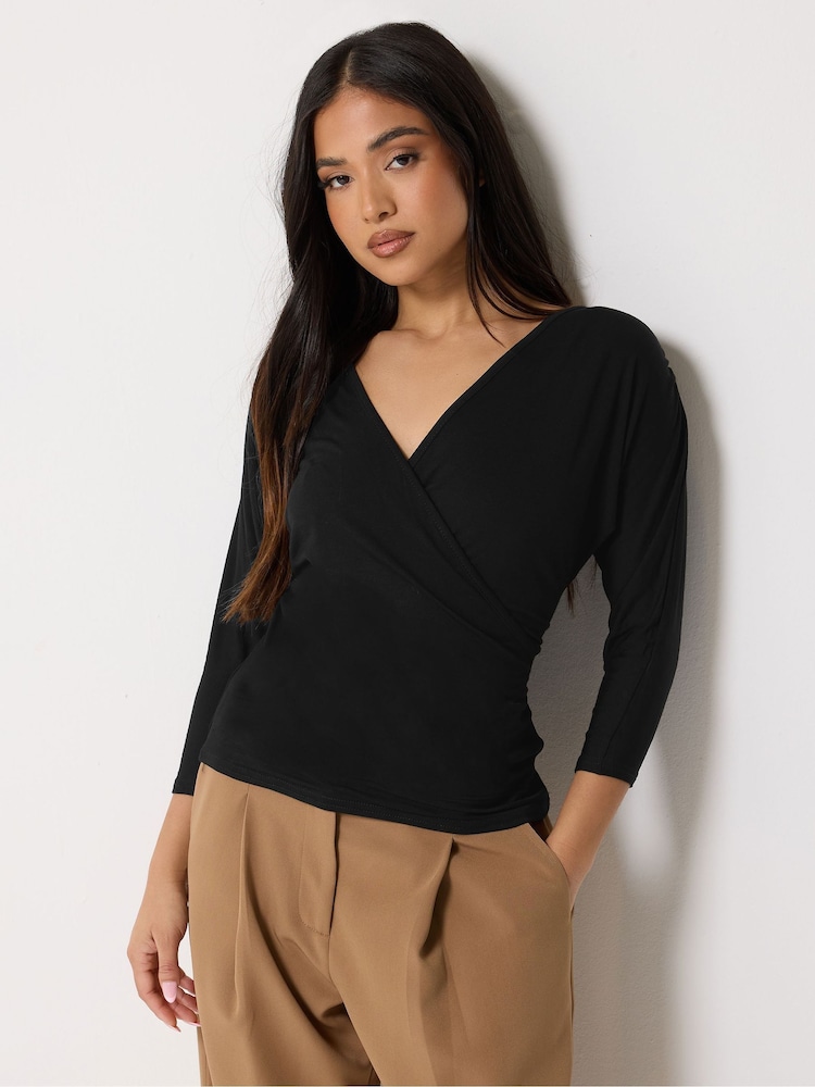 PixieGirl Petite Black 3/4 Sleeve Wrap Top - Image 1 of 5