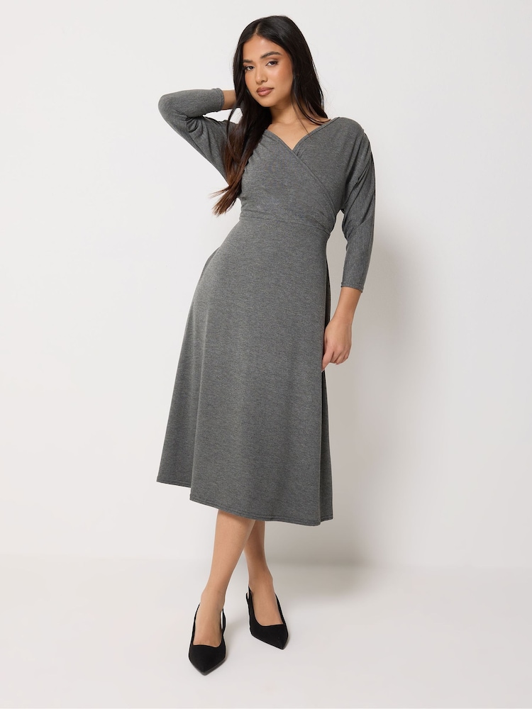 PixieGirl Petite Grey 3/4 Sleeve Wrap Midi Dress - Image 1 of 2