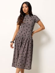 PixieGirl Petite Brown Blue Spot Drop Waist Midaxi Dress - Image 1 of 5