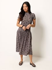 PixieGirl Petite Brown Blue Spot Drop Waist Midaxi Dress - Image 2 of 5