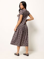 PixieGirl Petite Brown Blue Spot Drop Waist Midaxi Dress - Image 3 of 5