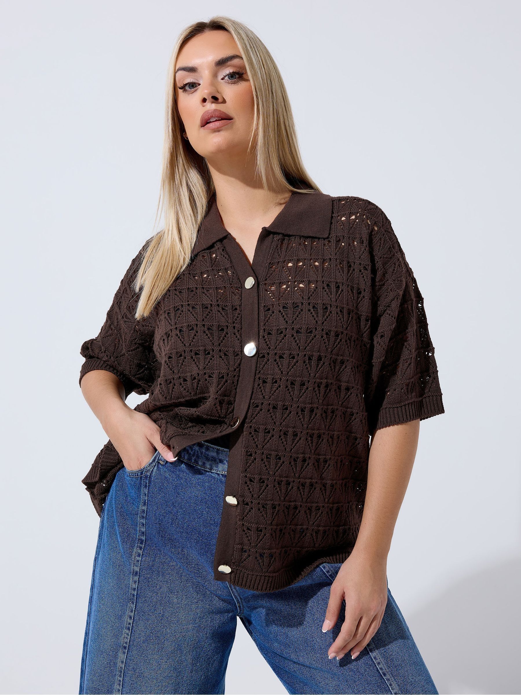 Yours Women's Button Through Crochet Shirt in Chocolate | Size: 26-28 - Image 1