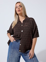 Yours Curve Brown Limited Crochet Shirt - Image 1 of 6
