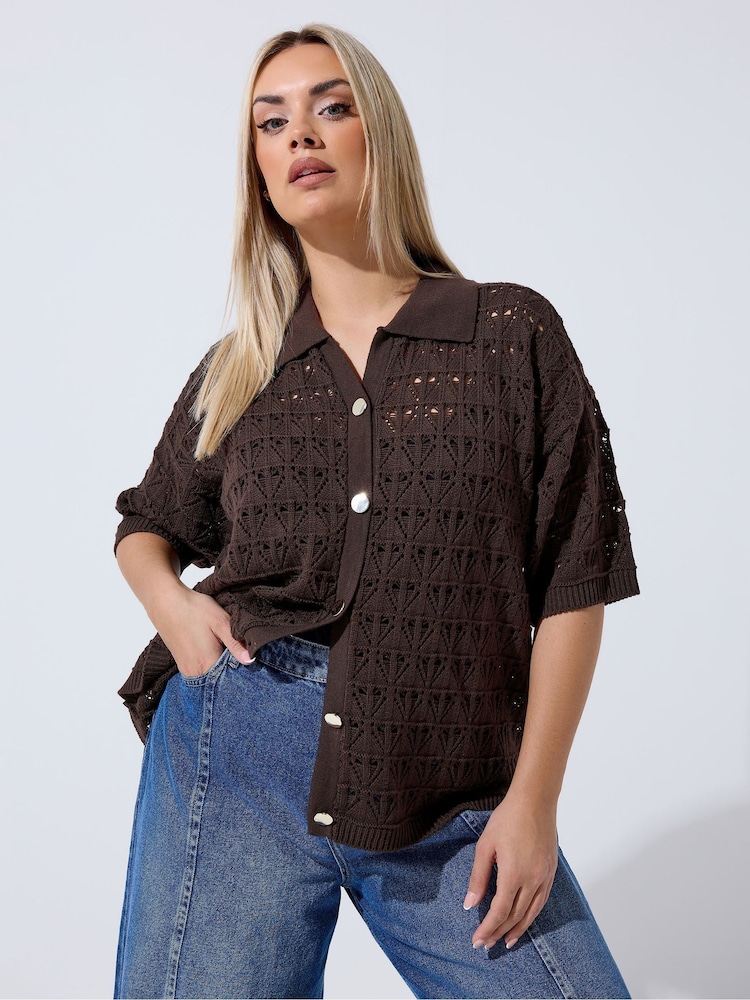 Yours Curve Brown Limited Crochet Shirt - Image 1 of 6