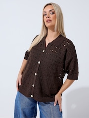 Yours Curve Brown Limited Crochet Shirt - Image 2 of 6