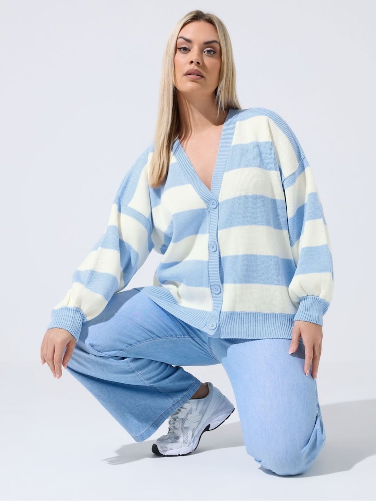 Yours Curve Blue Limited Striped Balloon Cardigan - Image 1 of 5