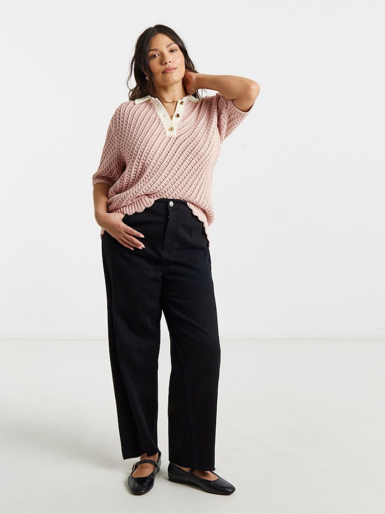 Simply Be Frill Hem Crochet Polo Top - תמונה 1 מתוך 4