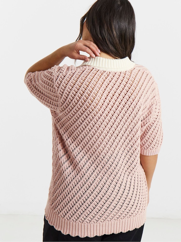 Simply Be Frill Hem Crochet Polo Top - תמונה 2 מתוך 4