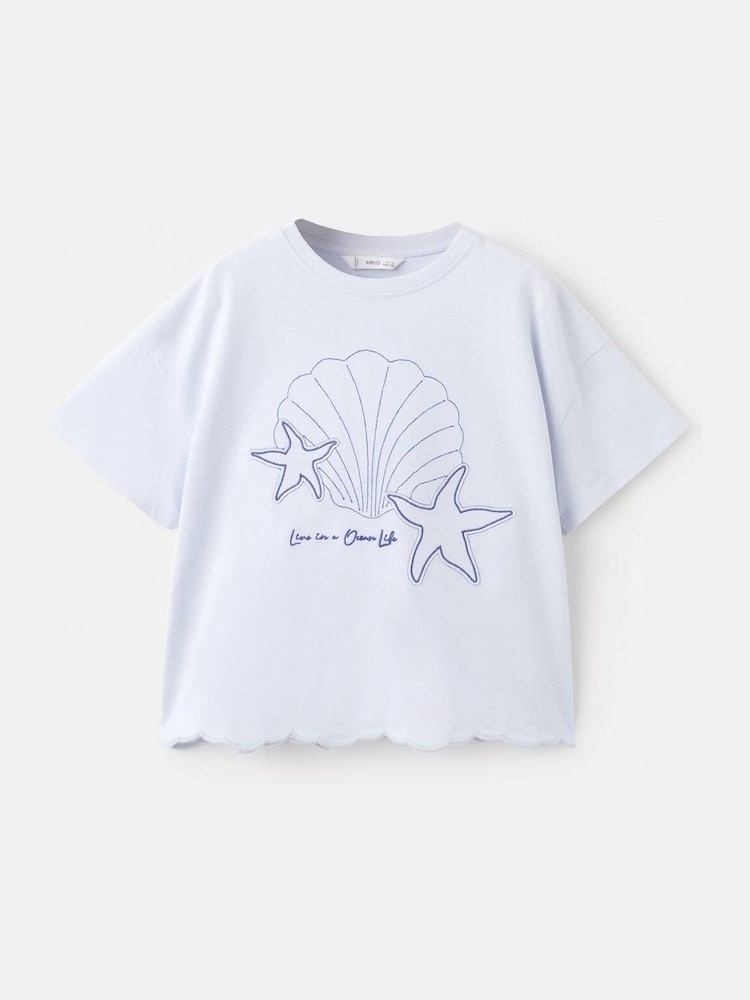 Mango Blue Scalloped Hem Seashell Embroidered T-Shirt - Image 1 of 3