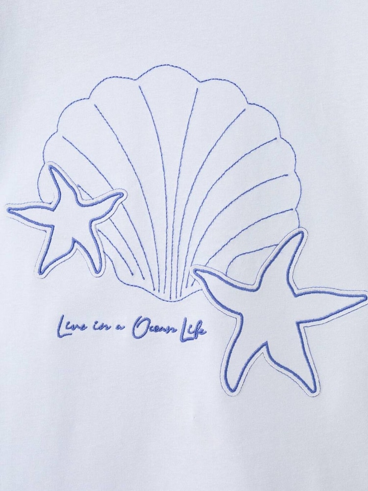 Mango Blue Scalloped Hem Seashell Embroidered T-Shirt - Image 3 of 3