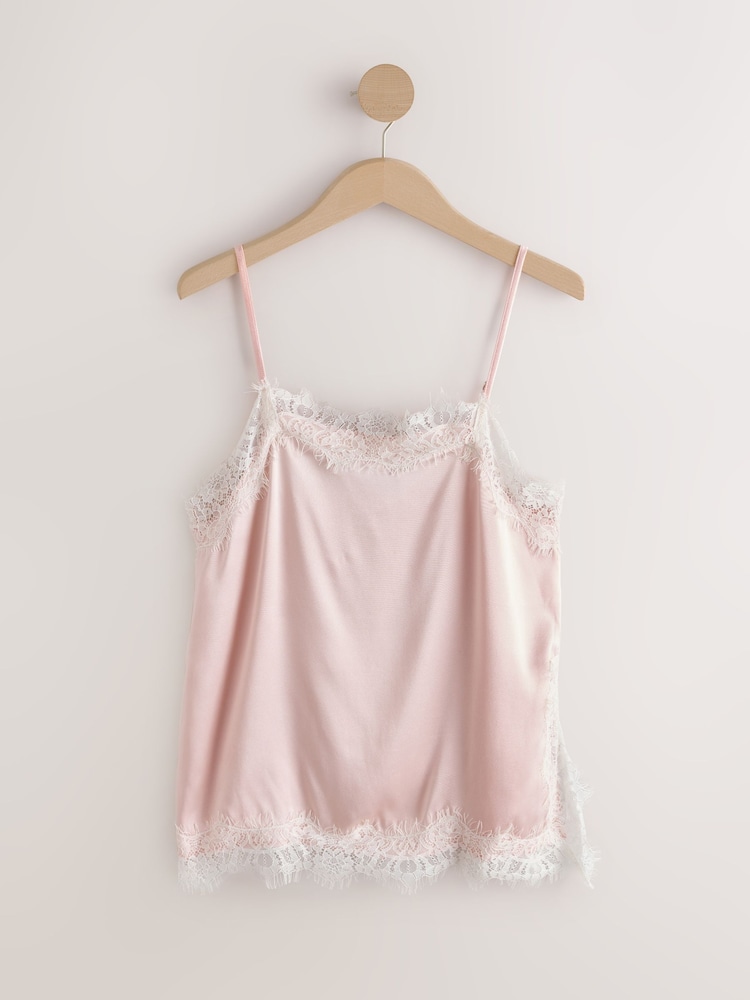 Pink/Cream Side Split Satin Lace Trim Cami Top - Image 1 of 3 Pink/Cream Side Split Satin Lace Trim Cami Top - Image 1 of 3