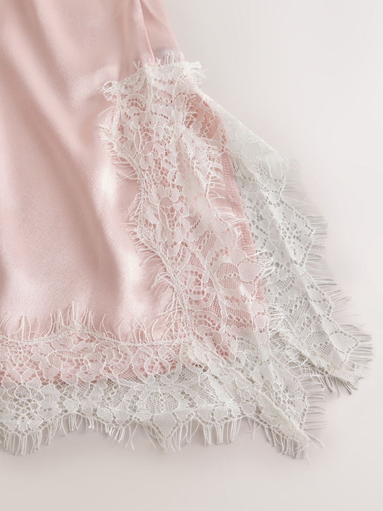 Pink/Cream Side Split Satin Lace Trim Cami Top - Image 2 of 3 Pink/Cream Side Split Satin Lace Trim Cami Top - Image 2 of 3