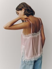 Pink/Cream Side Split Satin Lace Trim Cami Top - Image 4 of 8