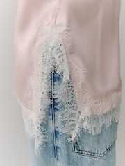 Pink/Cream Side Split Satin Lace Trim Cami Top - Image 5 of 8