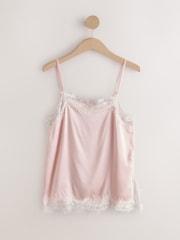 Pink/Cream Side Split Satin Lace Trim Cami Top - Image 6 of 8
