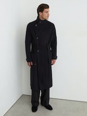 Reiss Navy Selation Wool-Blend Blindseam Belted Overcoat - Image 8 of 10