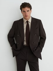 Reiss Chocolate Brown Dream Wool-Blend Double-Breasted Suit Blazer Tailored-Fit - Image 1 of 7