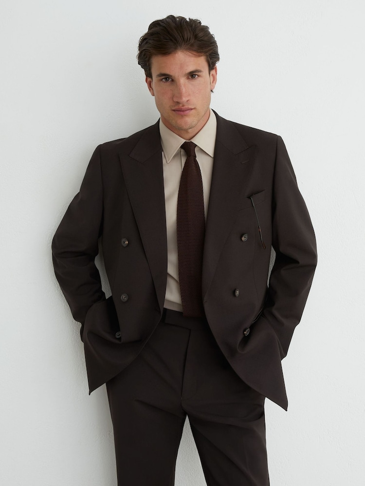 Reiss Chocolate Brown Dream Wool-Blend Double-Breasted Suit Blazer Tailored-Fit - Image 1 of 7 Reiss Chocolate Brown Dream Wool-Blend Double-Breasted Suit Blazer Tailored-Fit - Image 1 of 7