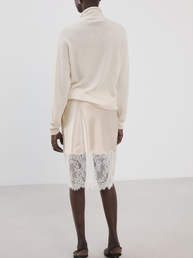 Mango Cream Midi Satin Lace Hem Skirt - Image 2 of 5