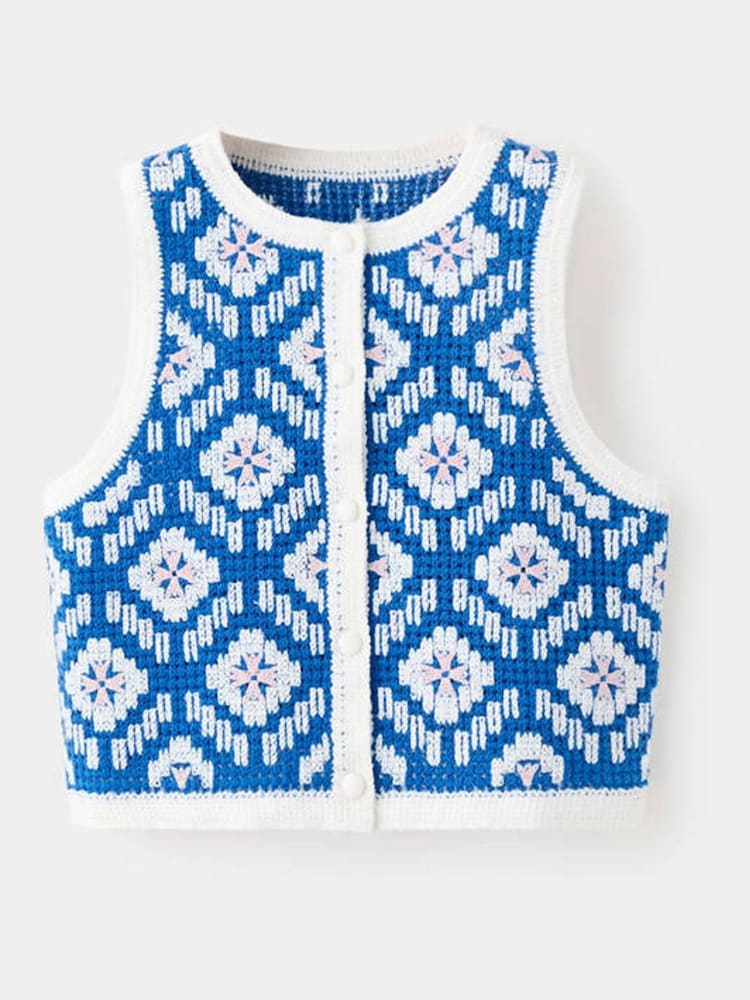 Mango Blue Crotchet Button Up Vest - Image 1 of 3