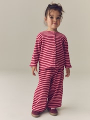 Pink Stripe Ribbed Cardigan and Wide Leg Trousers Set (3mths-7yrs) - Image 1 of 8
