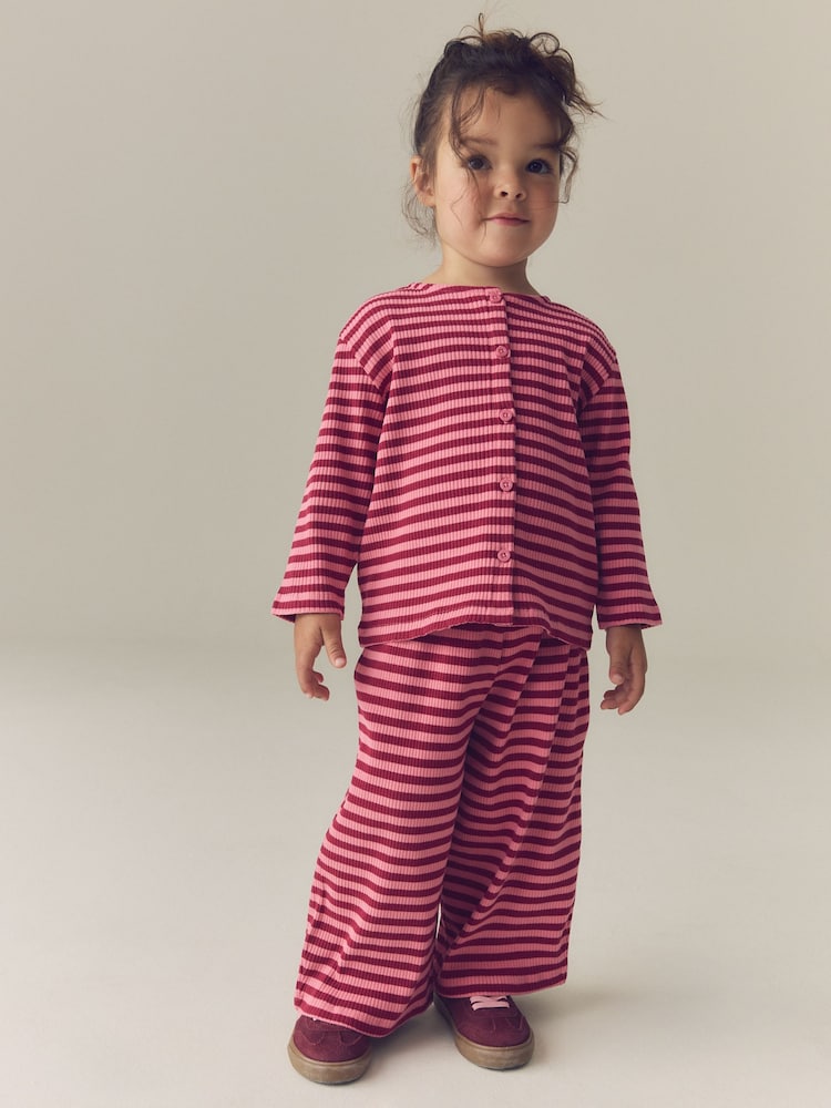 Pink Stripe Ribbed Cardigan and Wide Leg Trousers Set (3mths-7yrs) - Image 1 of 8 Pink Stripe Ribbed Cardigan and Wide Leg Trousers Set (3mths-7yrs) - Image 1 of 8