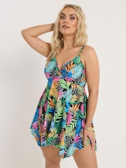 Yours Curve Black Rainbow Tropic Hanky Hem Swimdress - Image 1 of 6