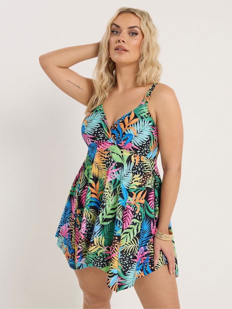 Yours Curve Black Rainbow Tropic Hanky Hem Swimdress - Image 1 of 6
