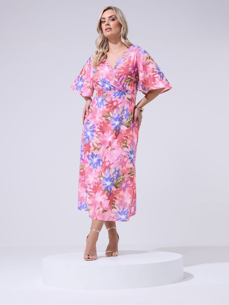 Yours Curve Pink London Floral Linen Look Wrap Dress - Image 1 of 5