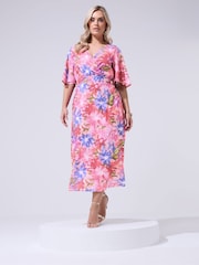 Yours Curve Pink London Floral Linen Look Wrap Dress - Image 2 of 5