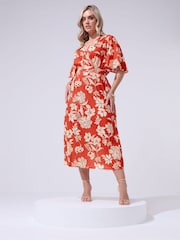 Yours Curve Red London Floral Linen Look Wrap Dress - Image 1 of 5