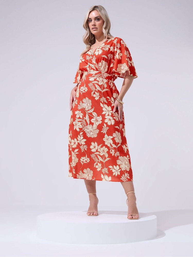 Yours Curve Red London Floral Linen Look Wrap Dress - Image 1 of 5