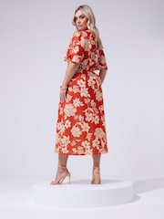 Yours Curve Red London Floral Linen Look Wrap Dress - Image 2 of 5