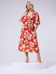 Yours Curve Red London Floral Linen Look Wrap Dress - Image 3 of 5