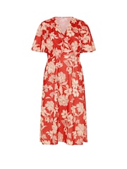 Yours Curve Red London Floral Linen Look Wrap Dress - Image 5 of 5