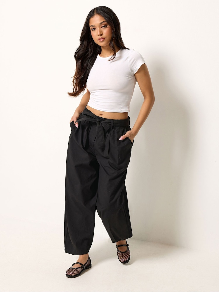 PixieGirl Petite Black Self Belted Poplin Barrel Trousers - Image 1 of 5