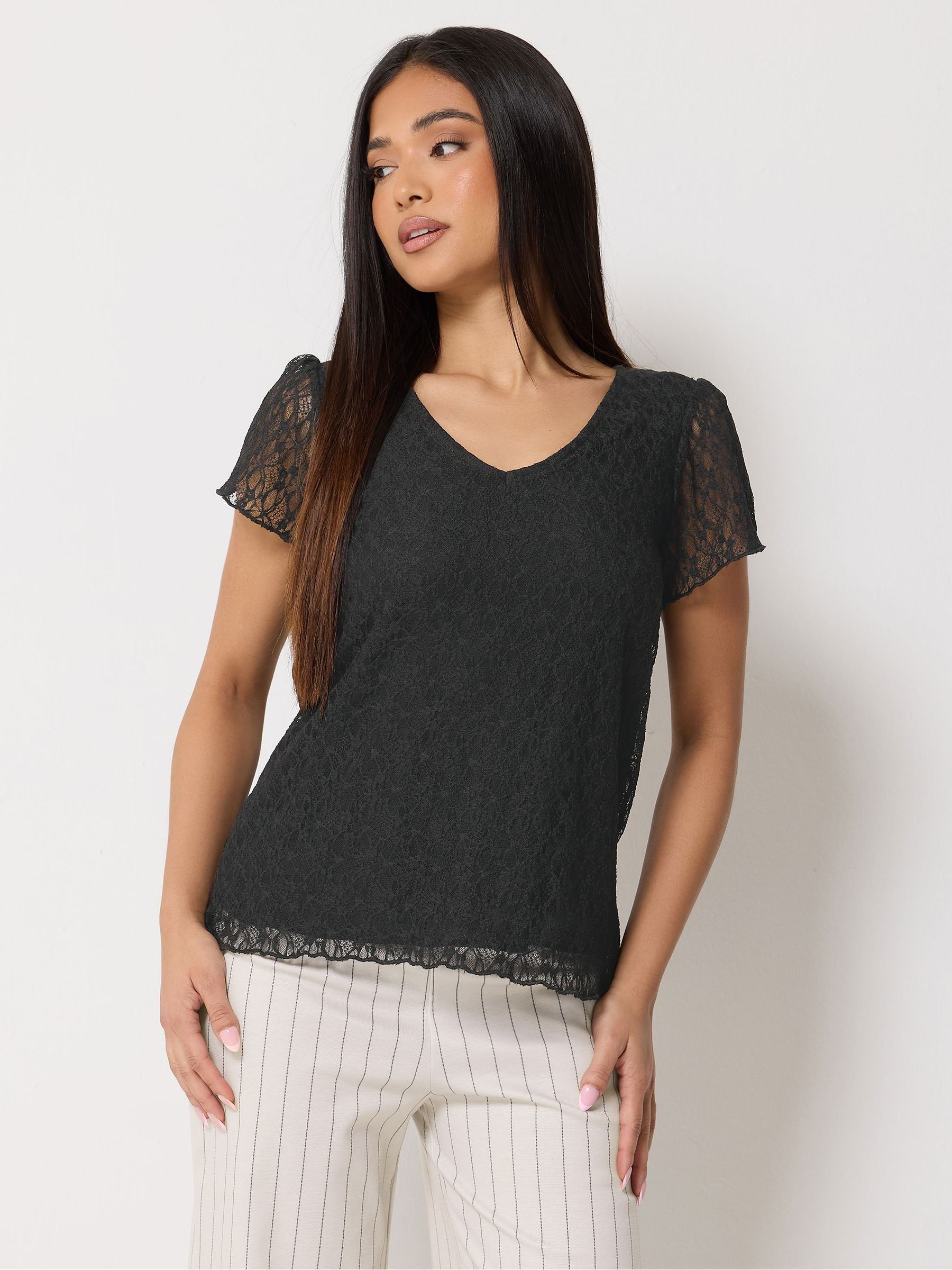 M & Co Women's Black Petite Short Sleeve Lace T-Shirt