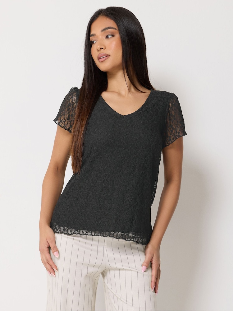 M&Co Black Petite Short Sleeve Lace T-Shirt - Image 1 of 5 M&Co Black Petite Short Sleeve Lace T-Shirt - Image 1 of 5