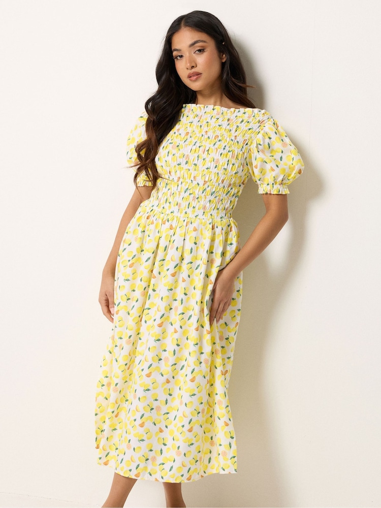 PixieGirl Petite Yellow Shirred Midi Dress - Image 1 of 4 PixieGirl Petite Yellow Shirred Midi Dress - Image 1 of 4