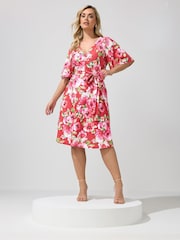 Yours Curve Red London Floral Wrap Scuba Crepe Dress - Image 1 of 5